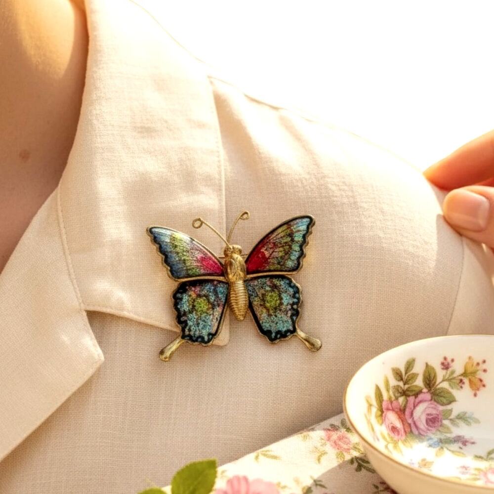 Vintage Interpur Taiwan Butterfly Brooch Pin Confetti Enamel Wings
